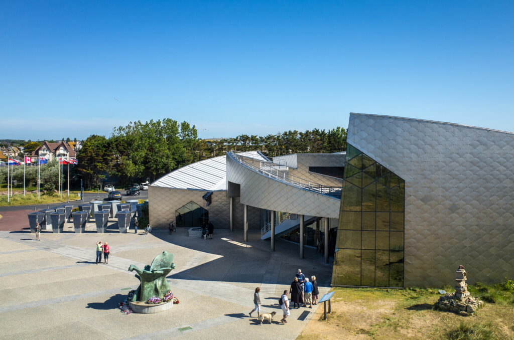 An outside view of Juno Beach Centre in Normandy, a large modern metal construction